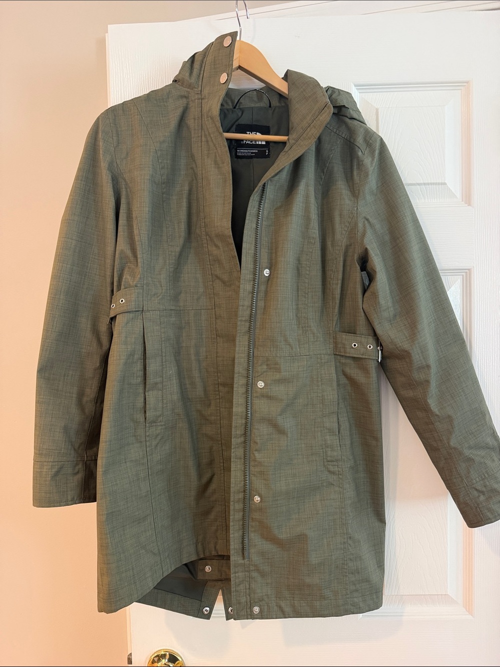 The North Face Olive Green Trench Coat with Hood- water resistant- size small